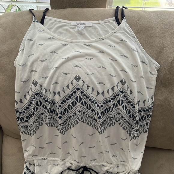 Swimsuit coverup romper with elastic waist and black tassel tie. - Picture 4 of 5